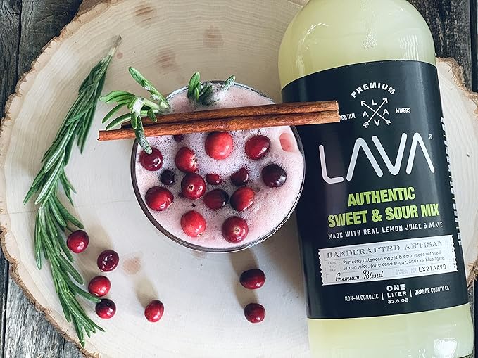 LAVA Premium Authentic Sweet & Sour Mix, Made with Real Lemon Juice, Lime Juice, Raw Blue Agave, No Artificial Sweeteners. Whiskey Sour, Long Island Iced Tea, Lemon Drop. 33.8oz Glass Bottle