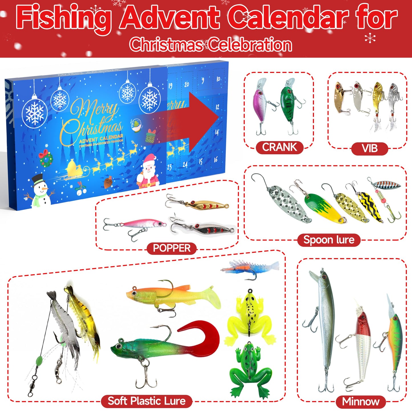 Cestluck Fishing Advent Calendar 2025 Adult Teen, 24 Days Fishing Lure Advent Calendar for Fisher Men Boys, Fishing Tackle, Xmas Christmas Countdown Surprise Gift for Father Grandpa Brother Boyfriend