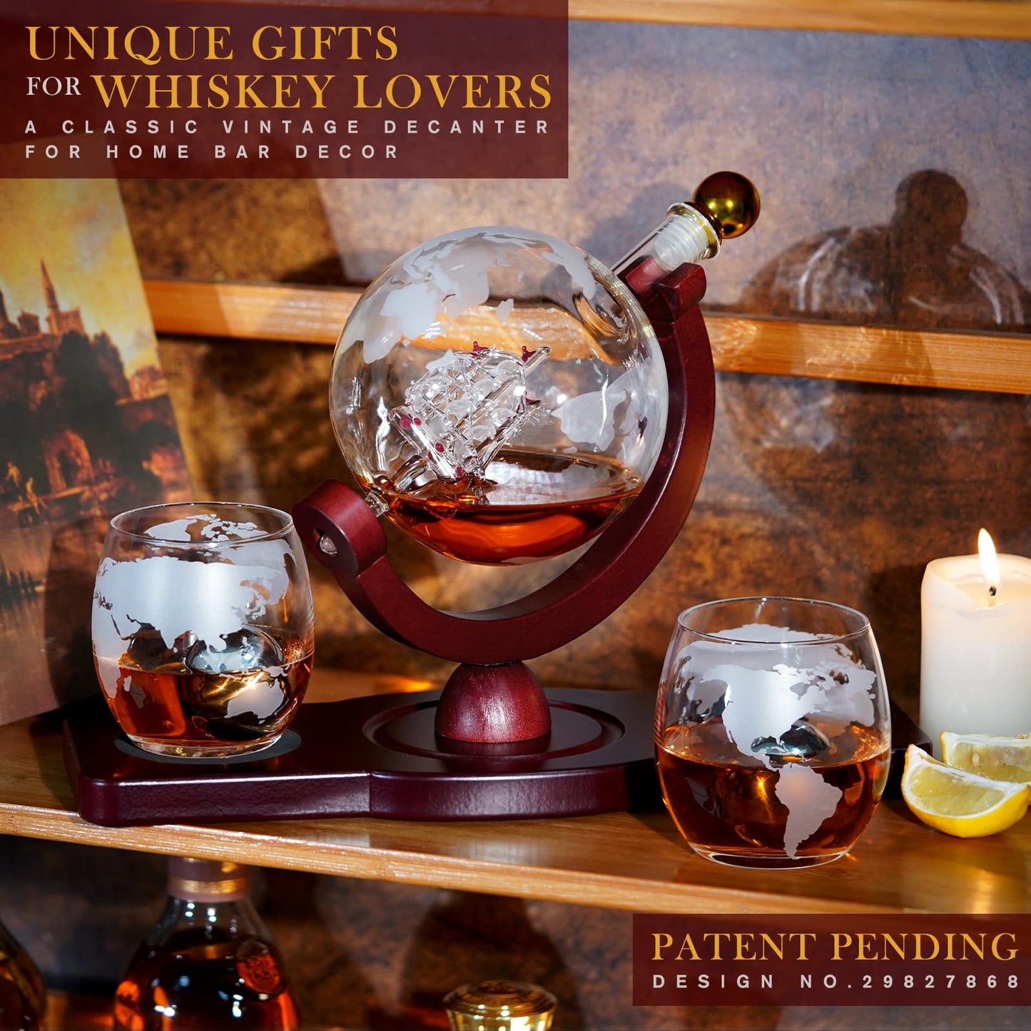 PONPUR Gifts for Men Dad Christmas, Whiskey Decanter Globe Set with 2 Ball Stones & 2 Glasses, Anniversary Birthday Gifts for Him Husband Boyfriend Brother, Cool Stuff Gift for Bourbon Scotch