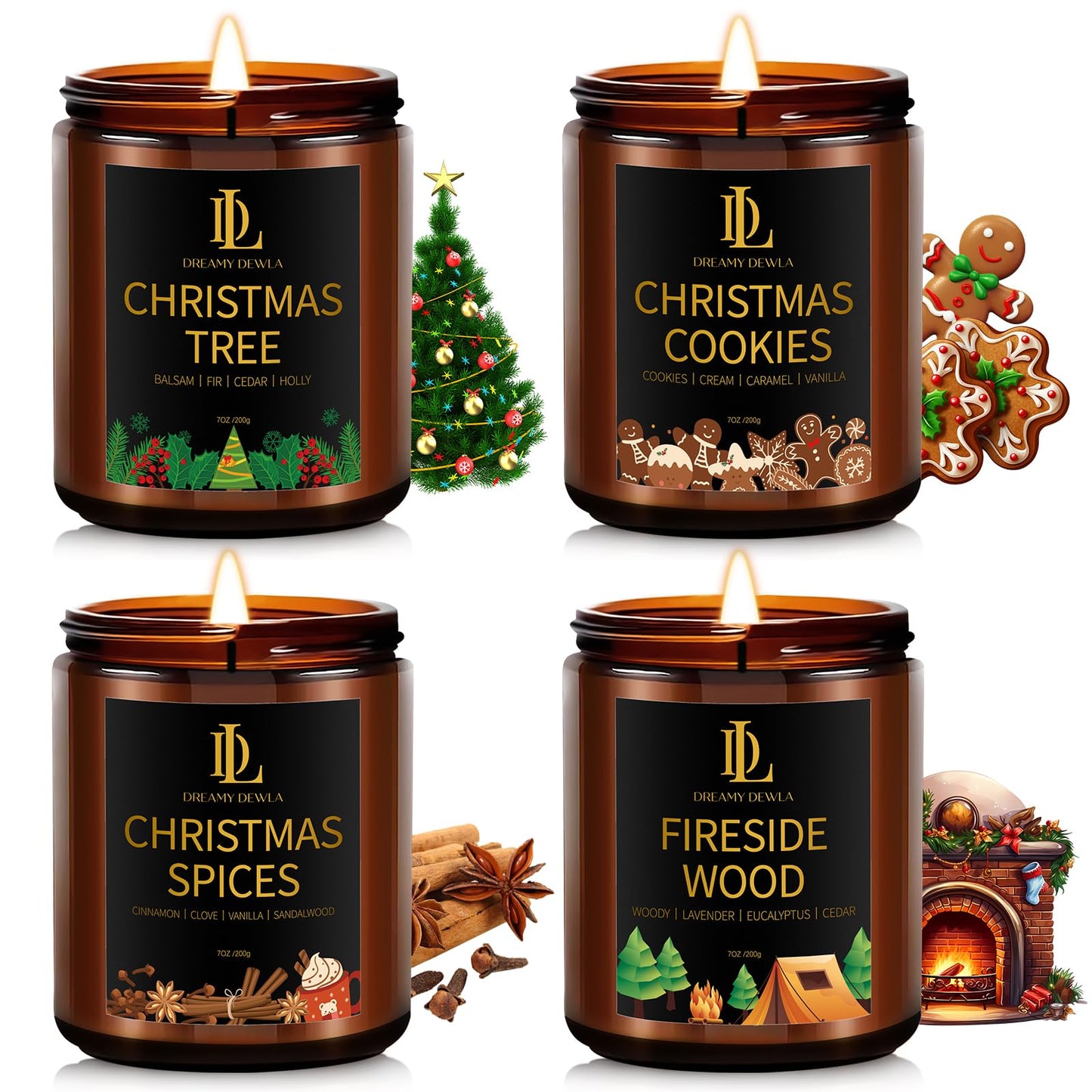 Holiday Candle Set, Winter Scented Candle, 4 Pack Soy Candles for Home Scented, Holiday Candles Gifts for Women Men, Winter Scents of Christmas Tree/Cookies/Spices/Fireside Wood