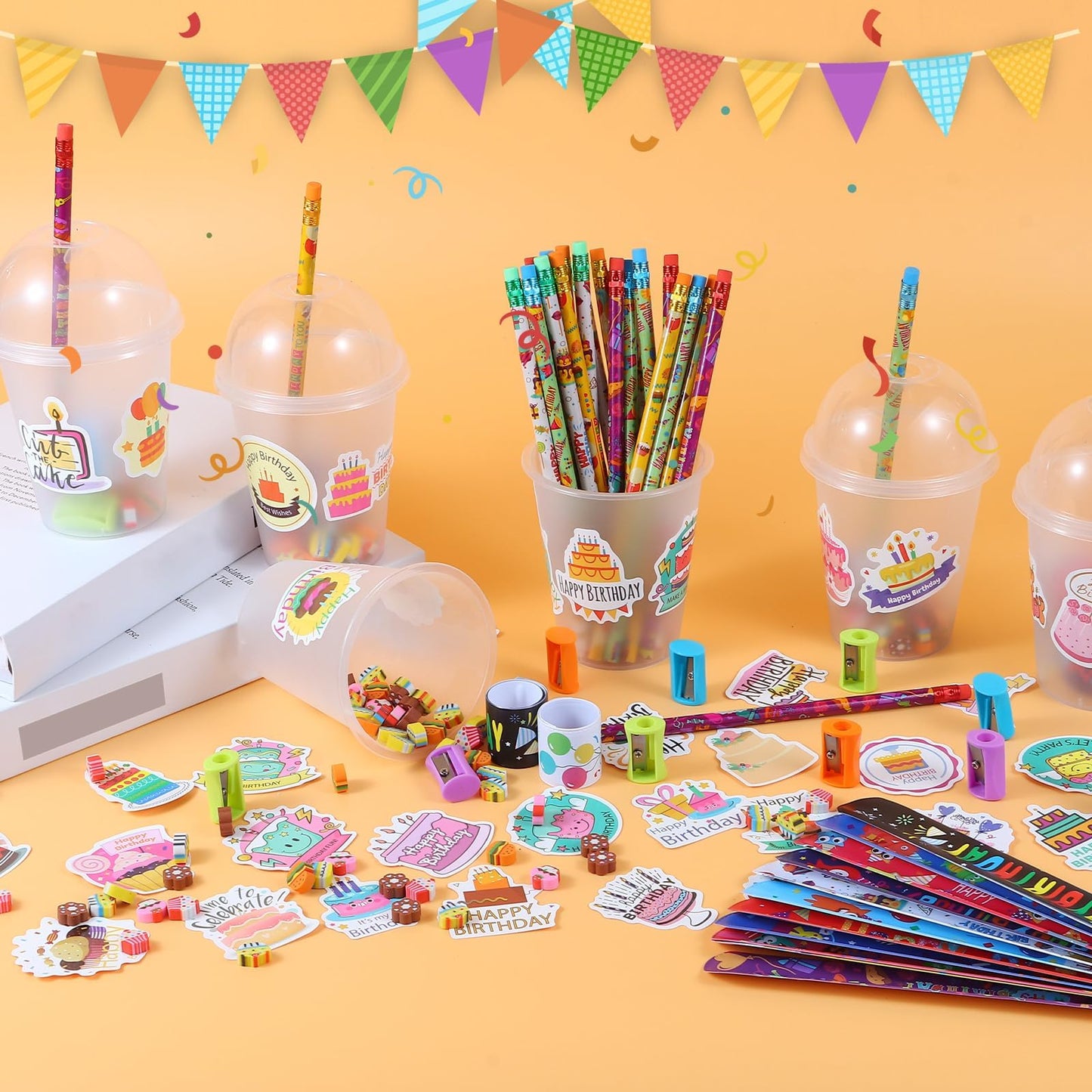 Kolewo4ever 460 Pieces Happy Birthday Party Favors Return Gifts for Birthday Party with Pencil Sharpener Eraser Sticker Slap Bracelet Cup with Lid