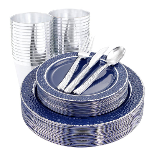 Ciaell 150 PCS Blue and Silver Plastic Plates - Blue Disposable Plate include 50 Plates, 25 Knives, 25 Forks, 25 Spoons, 25 Cups for Weddings & Party & Graduation