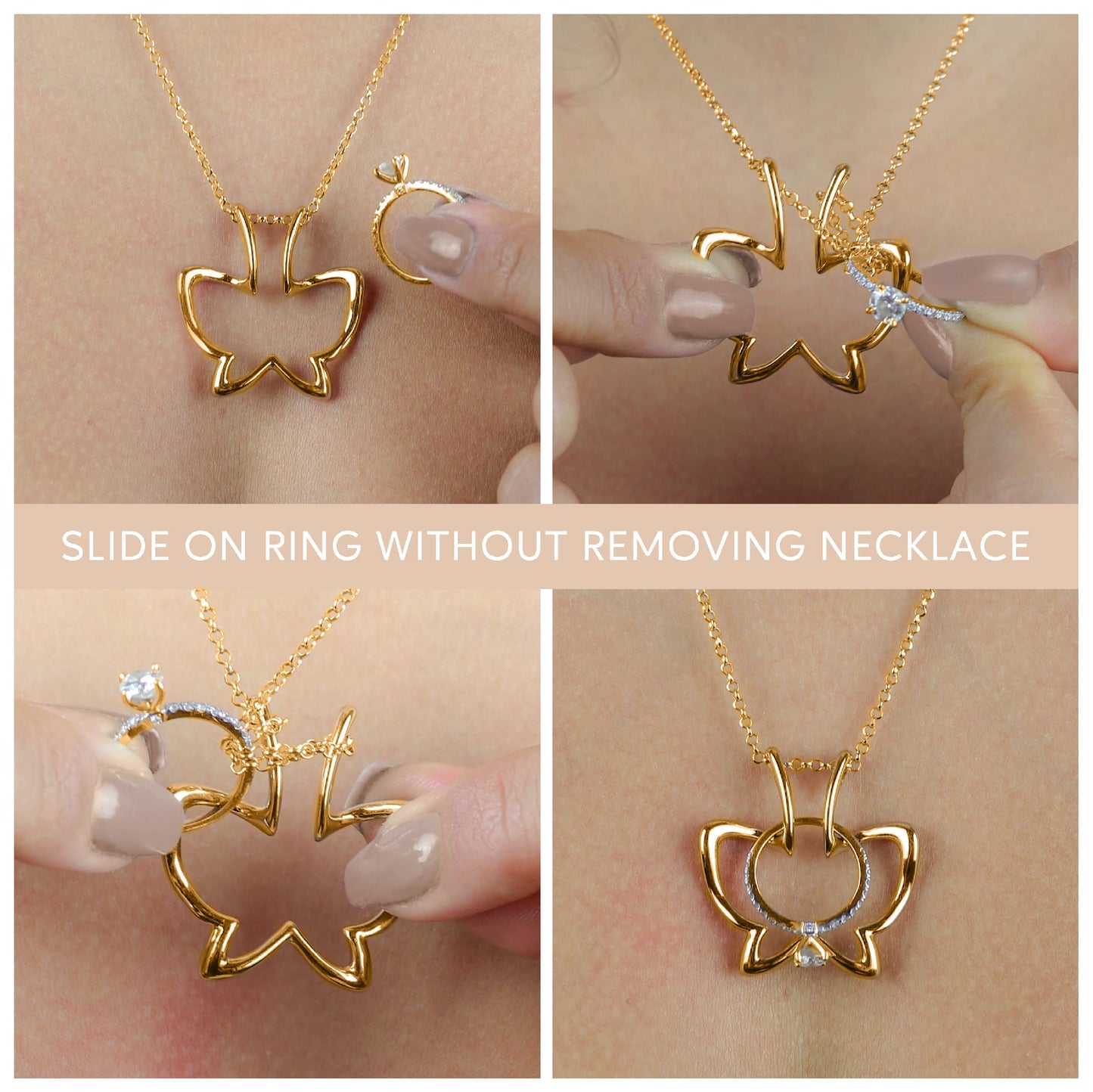 Emily C Ring Holder Necklace - Stainless Steel Necklace with Gold Finish - Engagement Gift for Doctors & Nurses - Gold Jewelry for Mom or Grandmother - Butterfly