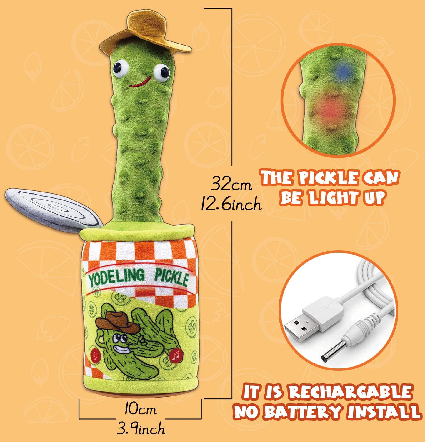 Yodeling Pickle, Talking Yodeling Toy Repeats What You Say, Singing Pickle Plush Toys - Rechargeable Twisted Mimicking Toy Singing Dance, Funny Prank Novelty Gag Gifts for Adults & Kids