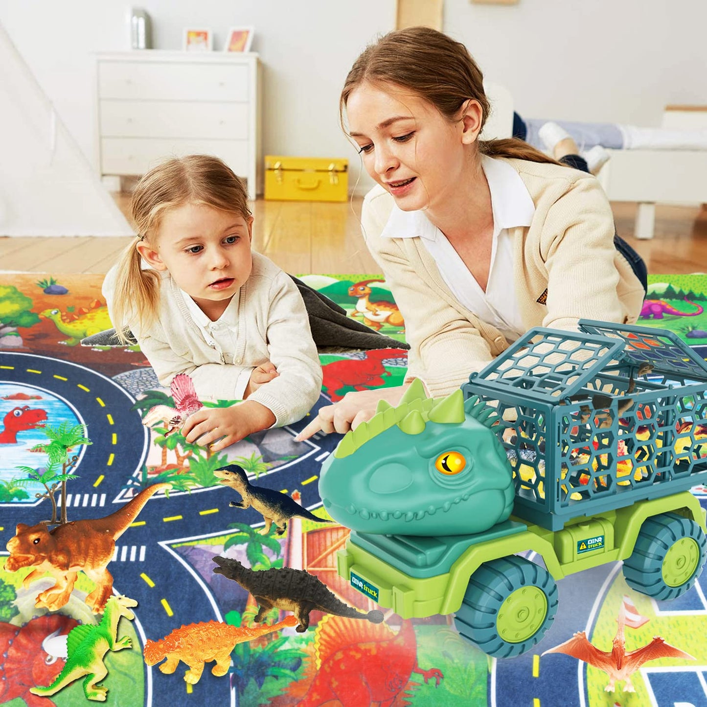 HONGID Dinosaur Truck Toy with 15 Dino Figures & Activity Play Mat, Dinosaur Eggs, Perfect for Kids 3-5 , Stocking Stuffer