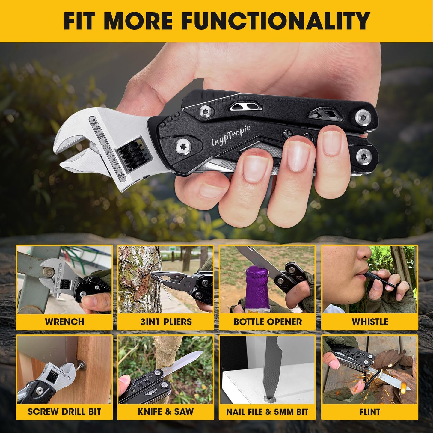 INYPTROPIC Multitool Wrench With 14 Tools/Pliers/Wire Cutter Gift for Dad.Portable Folding Multifunctional Pocket Knife Adjustable Multi Purpose Stainless Steel Tool (Silver black)