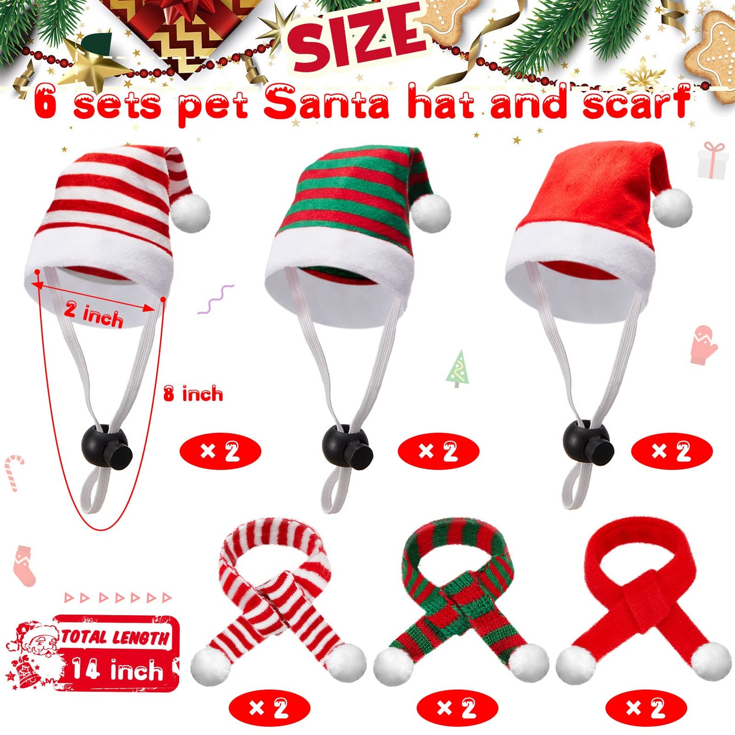 Weewooday 12 Pcs Mini Christmas Pet Santa Hat Scarf Set Adult Xmas Small Animal Tiny Santa Hat with Adjustable Chin Strap for Chicken Cat Dog Hamster Guinea Gift(Small,Stripe Style)