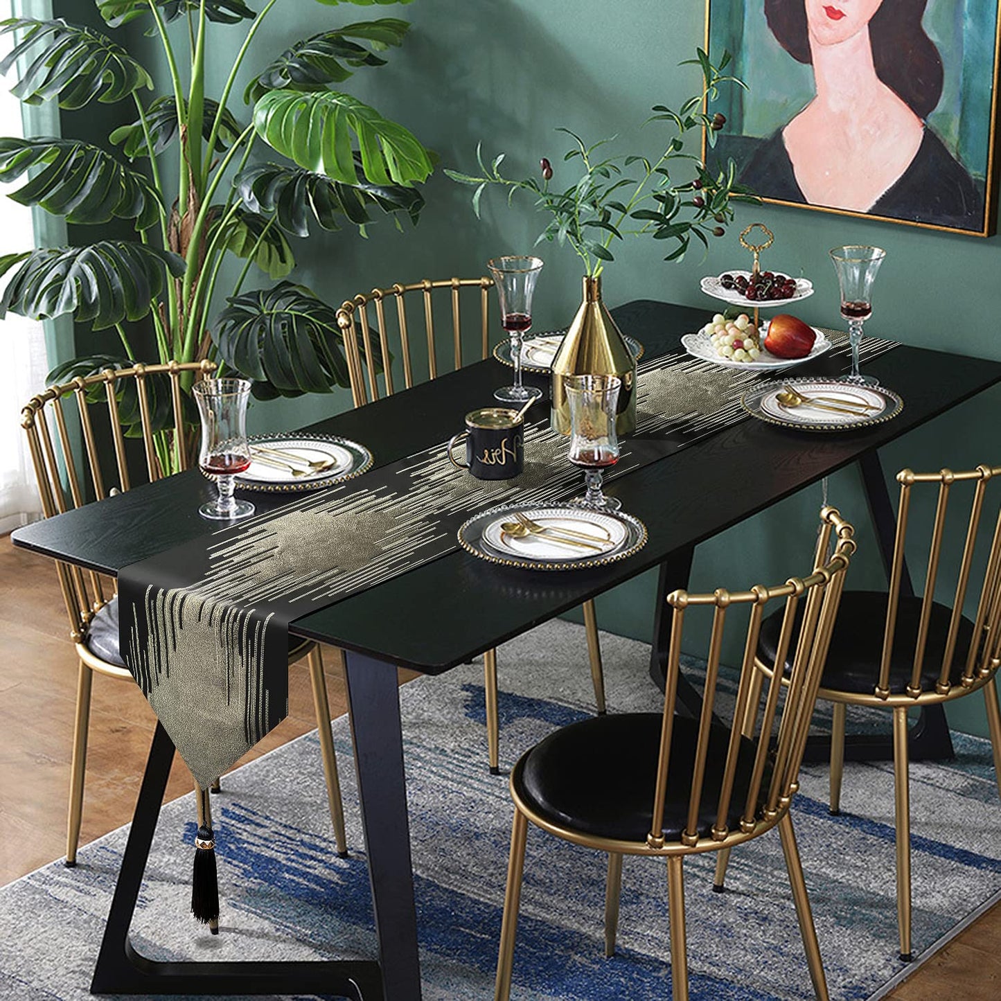 Fullony Black Table Runner 72 Inches Long Handmade Embroidery Modern Abstract Striped Pattern with Ring Stylish Tassels for Home Living Room Bedroom Dinner Room Kitchen Art Decor Thanksgiving