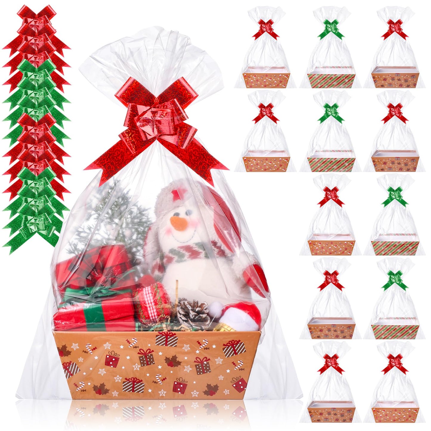 Yexiya 36 Pcs Christmas Baskets for Gifts Empty Diy Bulk Gift Basket Includes 12 Pcs Empty Baskets 12 Pcs Clear Gift Bags, Red Bows and Raffia Gift Basket Kit To Fill For Christmas Anniversary