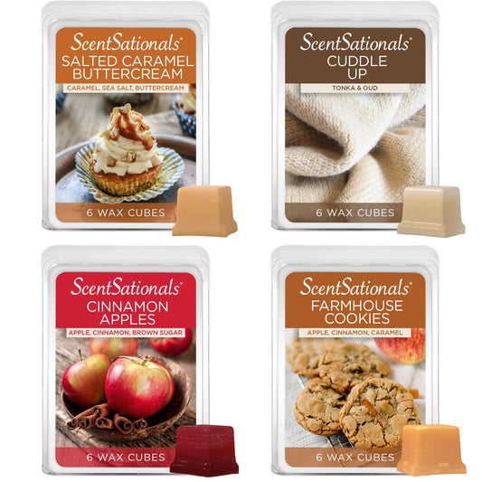 ScentSationals Wax Melts Home Sweet Home 4pk – Long-Lasting, Strong-Scented Wax Cubes for Warmers, Includes Cuddle Up, Cinnamon Apples, Salted Caramel Butter Cream & Farmhouse Cookies, 10oz (24 cubes)