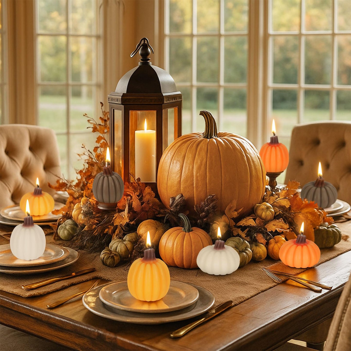 Lanpn Fall Scented Candles Gift Set 8 Pack, Pumpkin Shaped Spice Candle, Thanksgiving Aromatherapy Candles, Orange Soy Wax Votive Tea Lights, Autumn Home Farmhouse Table Decor Tabletop Centerpiece