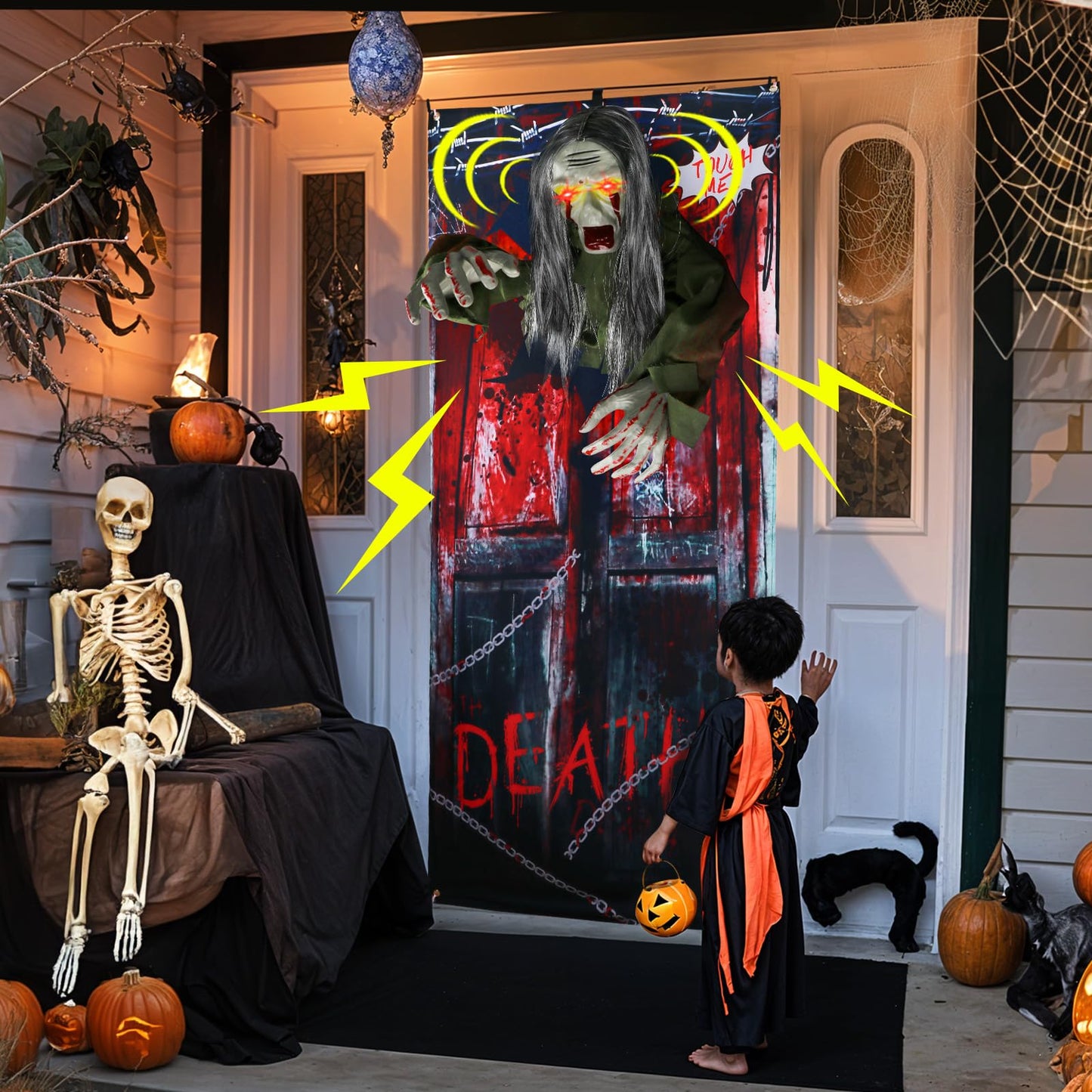 GUDELAK 6.6FT Animated Hanging Halloween Decorations Outdoor Zombie with Light Up Red Eye, Halloween Door Decorations with Halloween Backdrop, green, W-GS-GG-CK-KYB-1