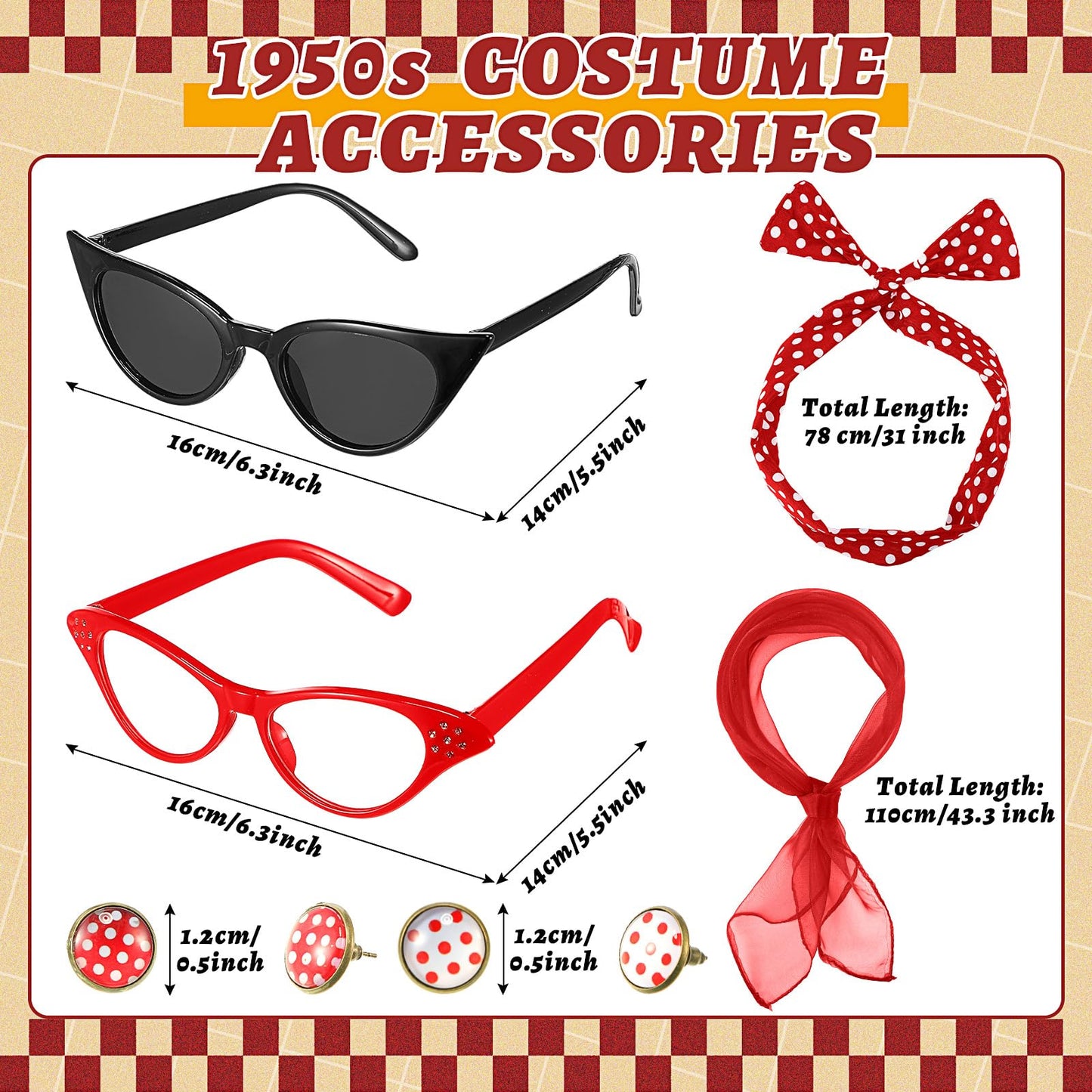 JenPen 7 Pcs 50s Women Costume Vintage Polka Dot Cocktail Dress Retro 50s Chiffon Scarf Cat Eye Glasses Headband Earring(L)