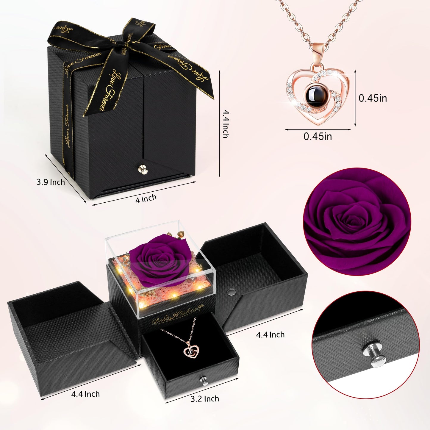 GOMALL Light Up Preserved Purple Rose Flower with Necklace,Birthday Gifts for Women,Christmas Rose Gifts for Her Mom Wife Grandma,Real Flower Mom Present for Women Christmas,Anniversary,Valentines