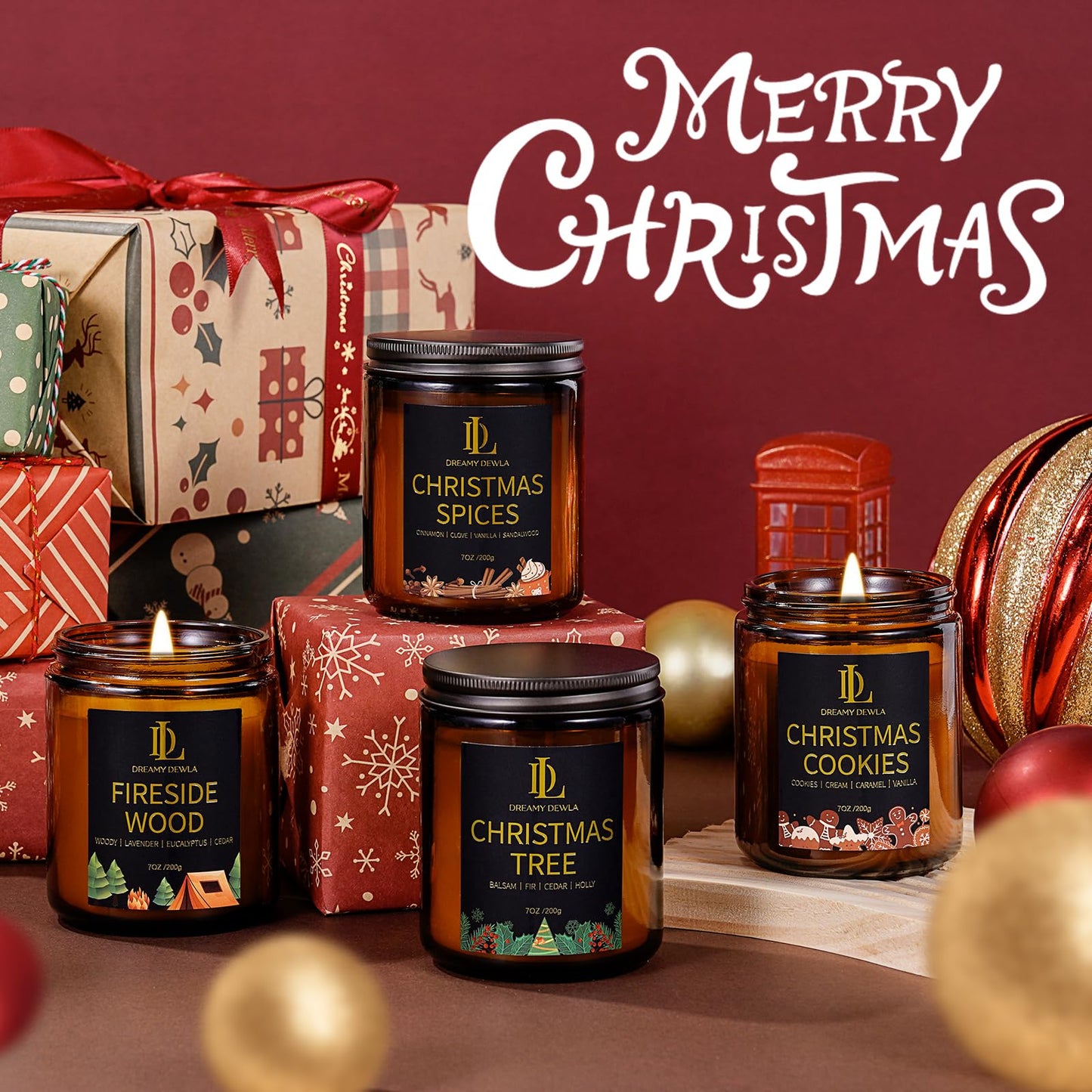 Holiday Candle Set, Winter Scented Candle, 4 Pack Soy Candles for Home Scented, Holiday Candles Gifts for Women Men, Winter Scents of Christmas Tree/Cookies/Spices/Fireside Wood