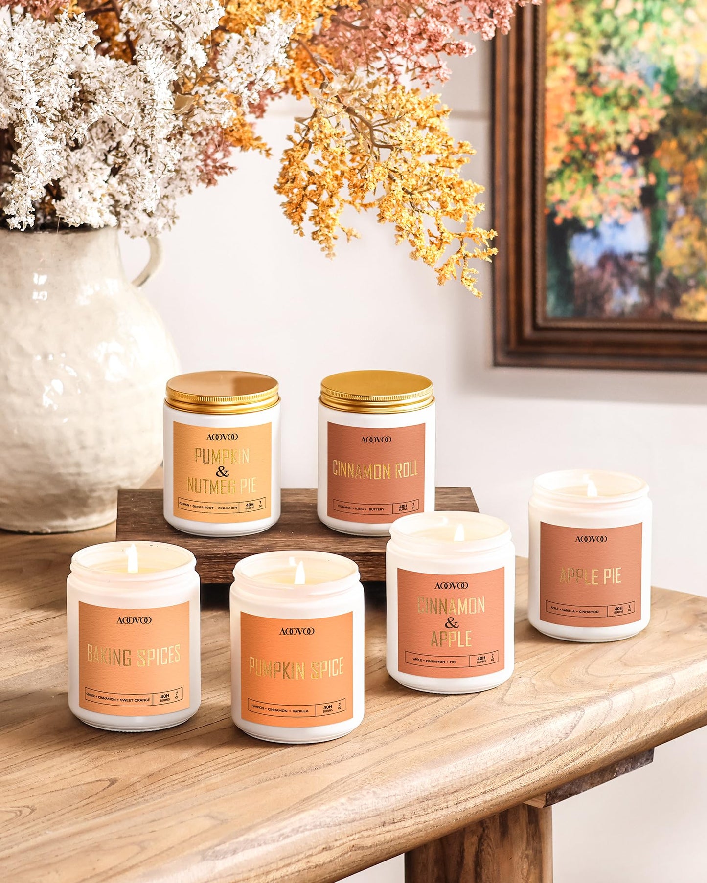 AOOVOO Fall Candles - 6 PC Scented Candle Set, 42 oz Soy Candles for Home Scented, Apple Pie/Cinnamon Roll/Cinnamon Apple/Pumpkin Nutmeg Pie/Pumpkin Spice/Baking Spice