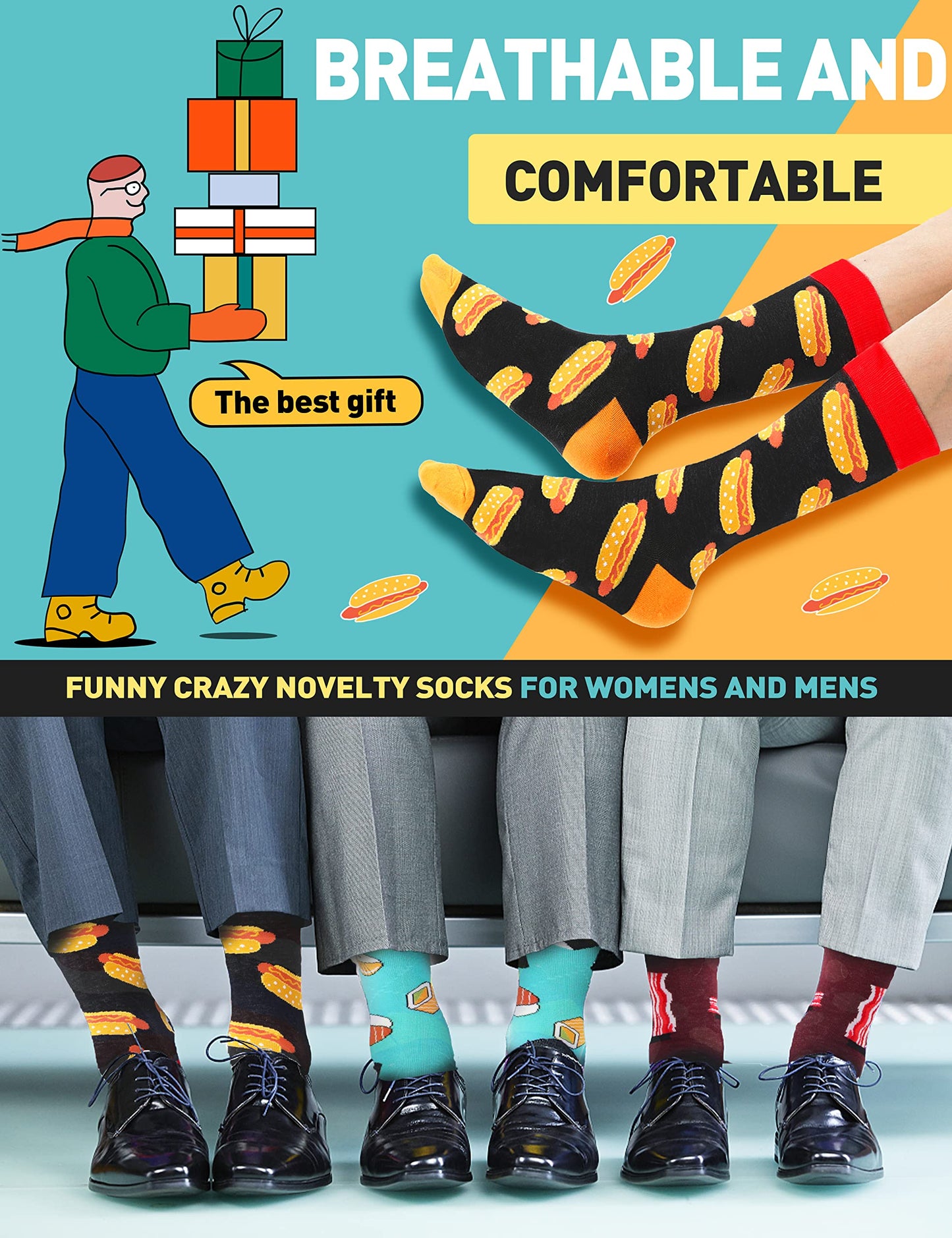 Funny Socks for Women Men Fun Cozy Crazy Cute Novelty Gifts for Father Men dad husband Breathable Cotton Boot Socks Stocking Stuffers（ Food A（12 Pairs）,L)