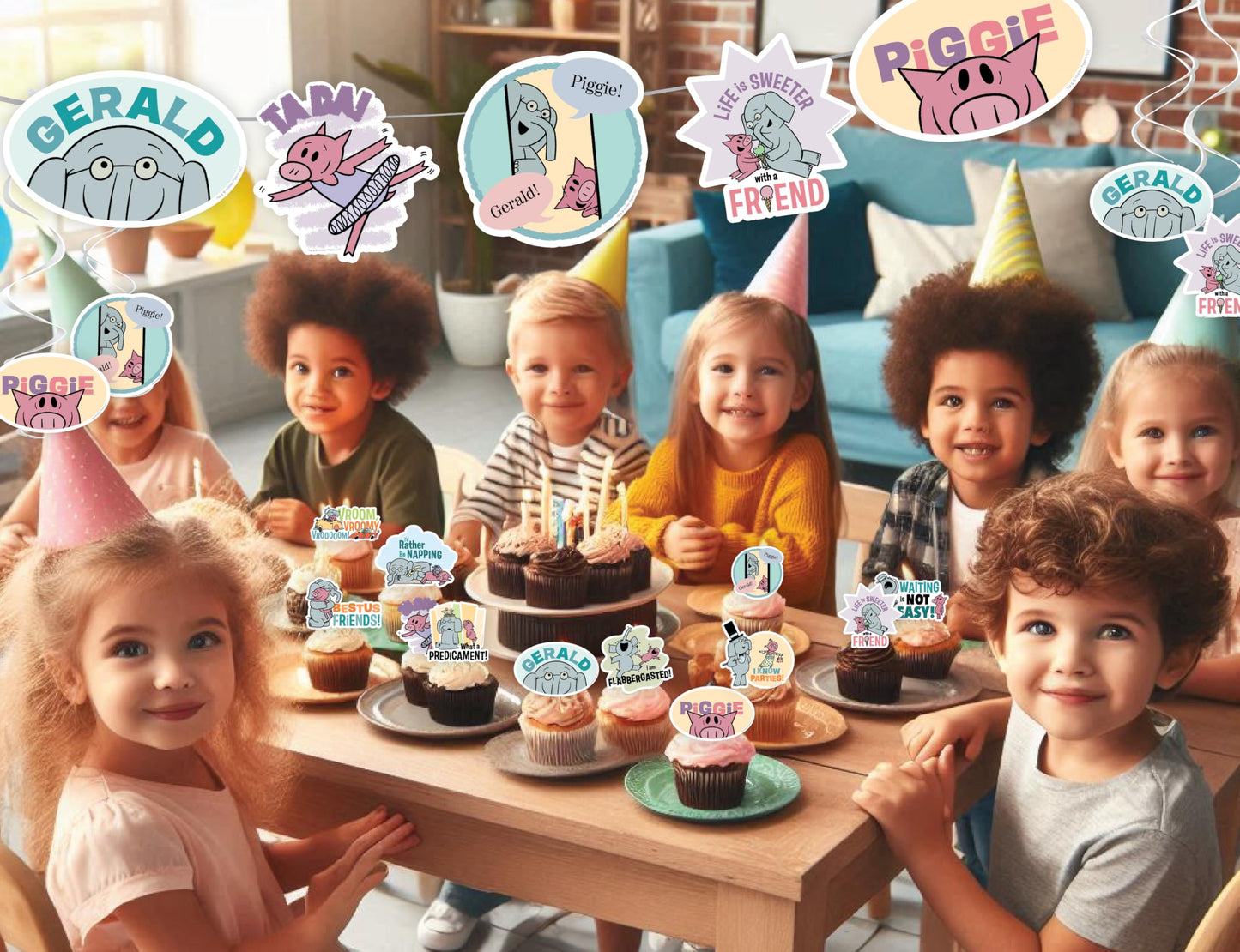 Elephant and Piggie Party Supplies Boy or Girl Birthday Party Decor with 8 Foot Banner, 24 Cupcake Toppers, Cake Topper, 4 Streamers with Gerald and Piggie Book Characters by Mo Willems (Party Set)