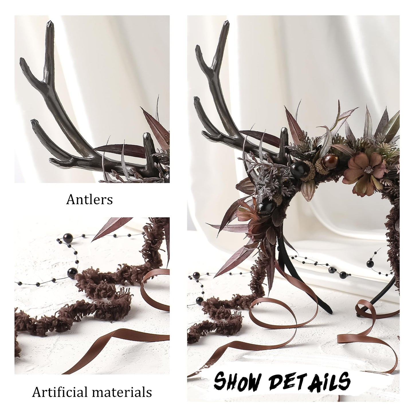 MOSTORY Dark Flower Reindeer Headband - Gothic Floral Antlers Headpiece for Renaissance Accessories Women Dark Fairy Costume, Deer Horns Headband with Vine for Goth Cosplay Renfaire Witch Aesthetic