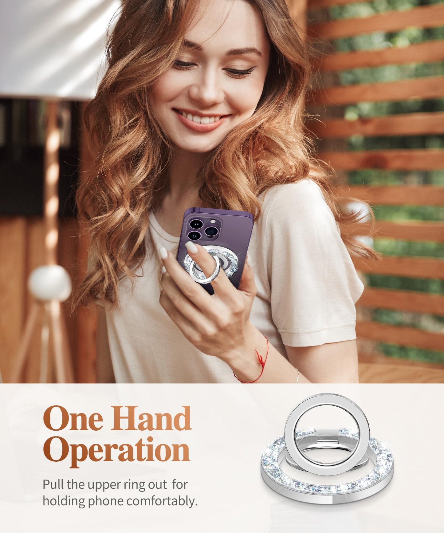 GVIEWIN Magnetic Phone Ring Holder, Compatible with MagSafe Phone Grip with Adjustable Stand, Magnet Phone Ring Kickstand for iPhone 16 Pro Max/Plus/15/14/13/12 Series/Other Phones (Glitter/Silver)