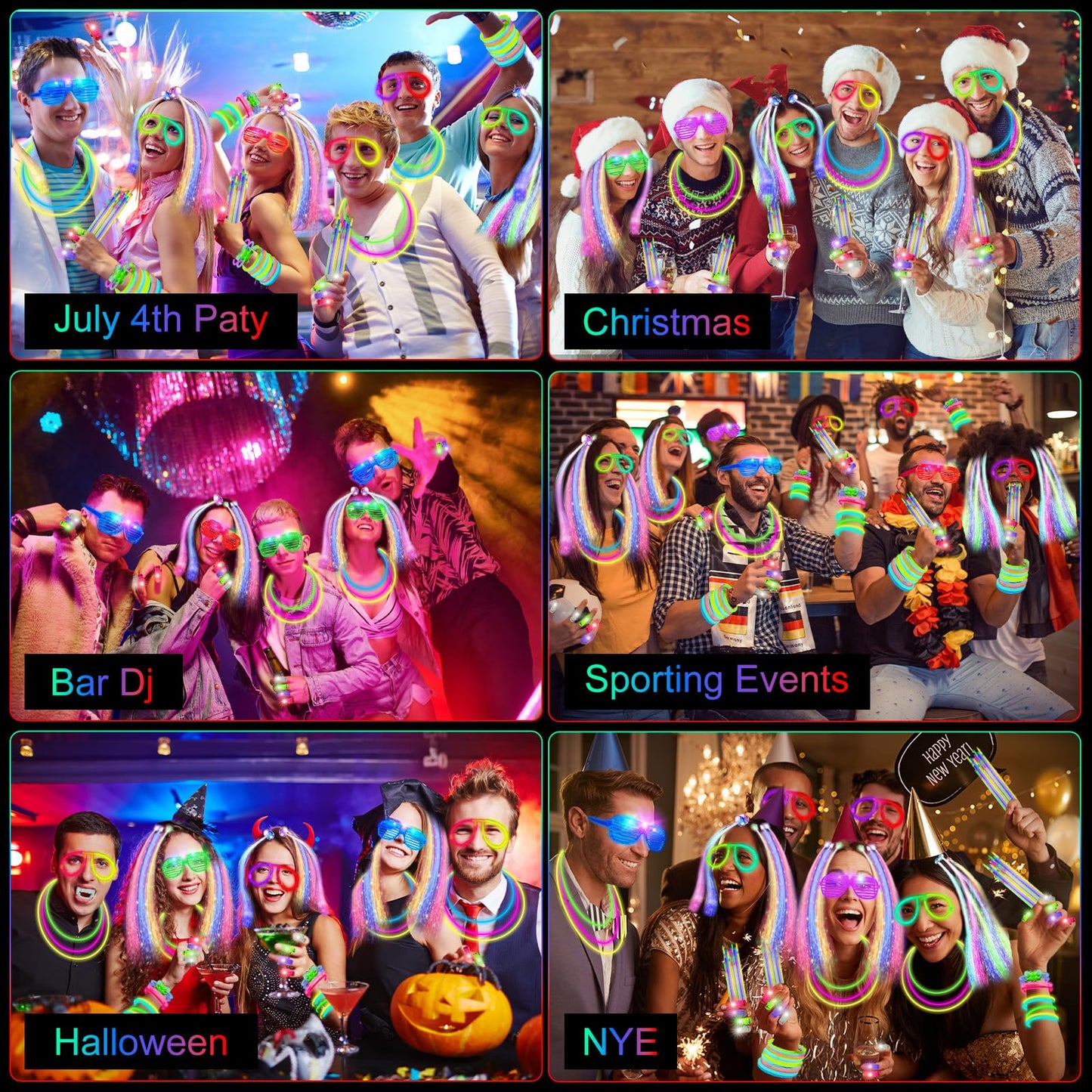 OLUPP Glow in the Dark Party Supplies, 264 PCS Light Up Party Favors with LED Glasses,Glow Sticks,Finger Lights,LED Hair Clips,Slingshot,Glasses Molds,Butterfly Bracelet for Birthday,Raves,New Year