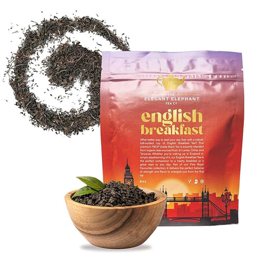 English Breakfast Tea, Organic Loose Leaf Black Tea – Robust, Full-Bodied, Classic Blend – Drink Hot or Iced – 4 oz Resealable Bag (Makes 50 Cups) – The Elegant Elephant