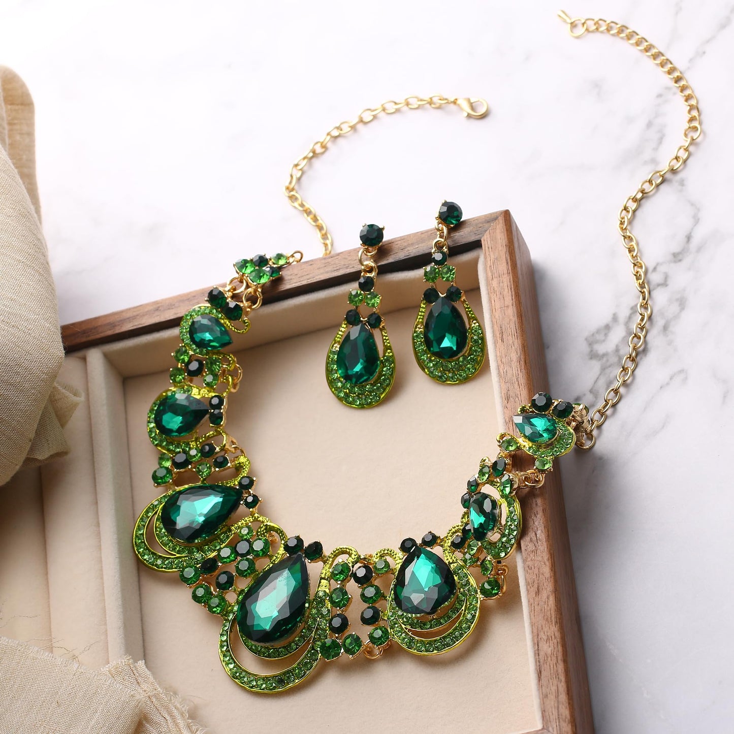 BriLove Costume Fashion Large Big Jewelry Set for Women Crystal Teardrop Hollow Scroll Statement Necklace Dangle Earrings Emerald Color Gold-Toned