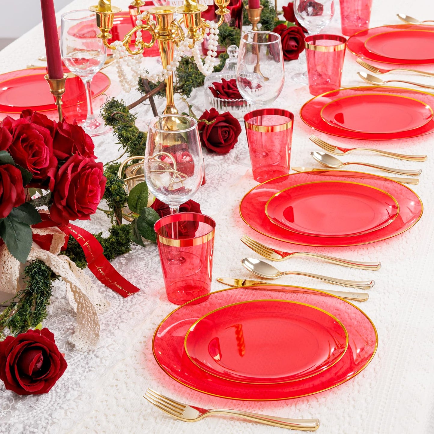 LIYH 180 Pcs Clear Red Plastic Plates Disposable - Red Dinnerware Set, Include Red and Gold Plates, Dinner Plate, Dessert Plate, Gold Plastic Silverware for Birthday Party