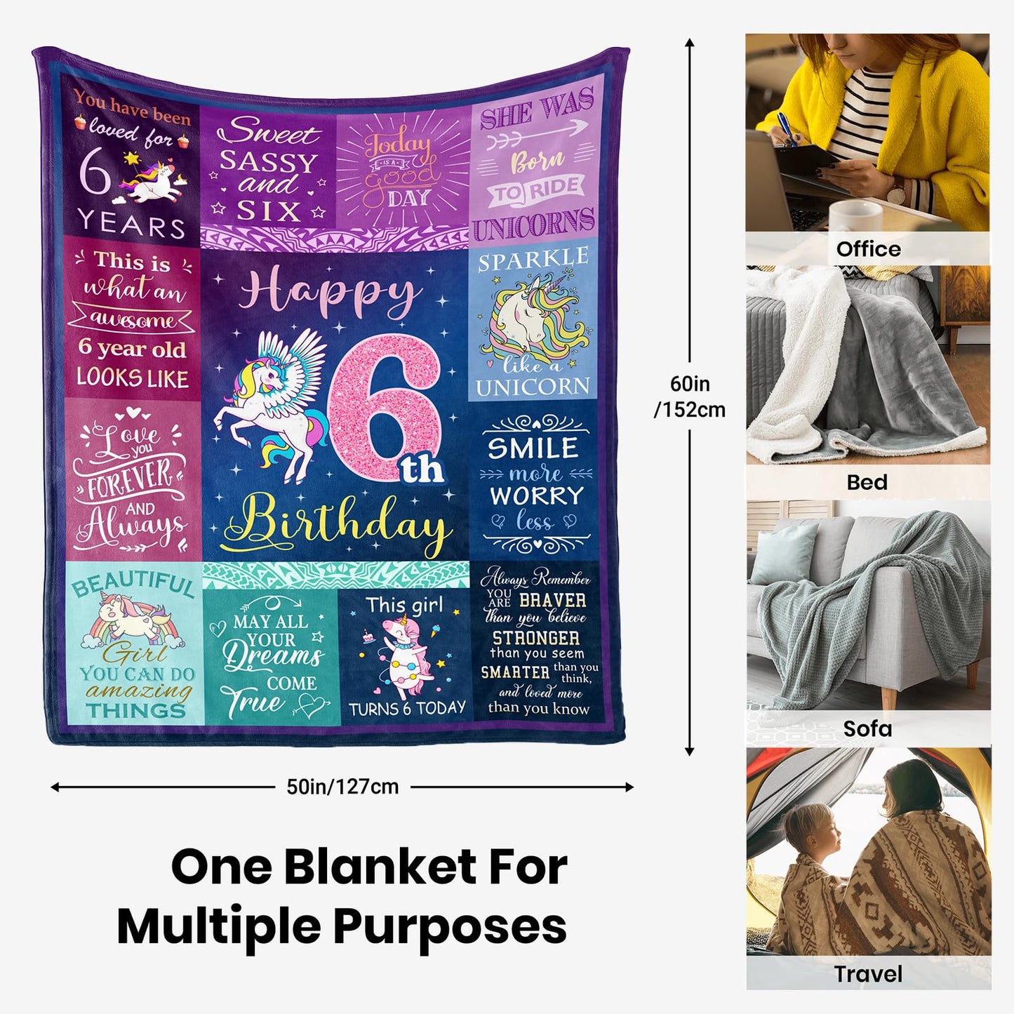 Solzien 6 Year Old Girl Birthday Gift Ideas Blanket 60"x50", Gifts for 6 Year Old Girl/Daughter/Granddaughter/Niece, 6th Birthday Decorations