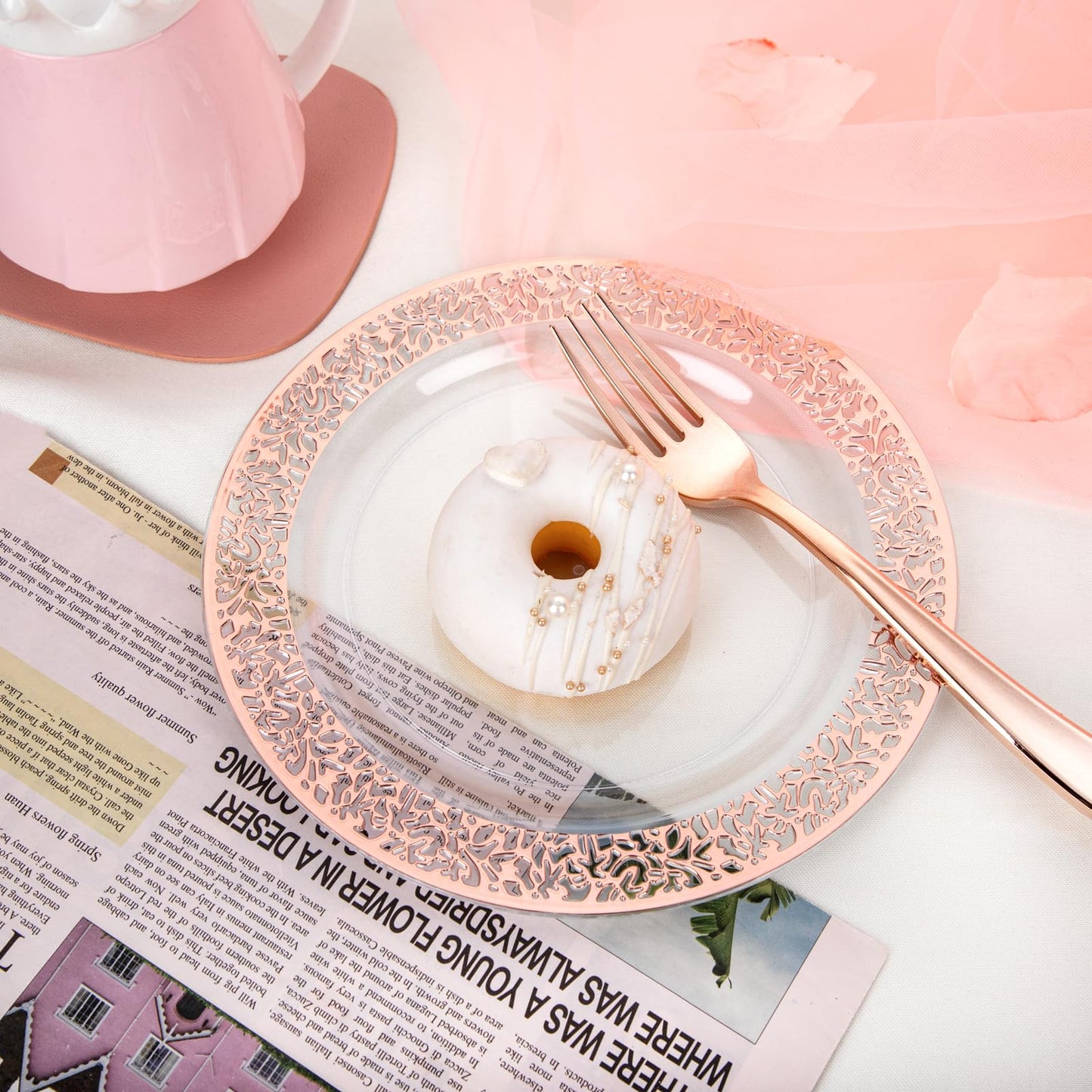 I00000 72 Pcs Rose Gold Dessert Plates 7.5" & 72 Pcs Disposable Forks 7.4", Lace Design Plastic Salad Plate, Plastic Appetizer Plate for all Holidays Perfect for Party & Wedding