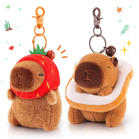 Achwishap 2PCS Capybara Plush Keychain,Cute Keychain Capybara Stuffed Animal,Soft Capybara Plushies Toys Key Chain,Kawaii Plush Stuffed Toys for Kids Adults(Capybara Strawberry Hat,Capybara Bread)