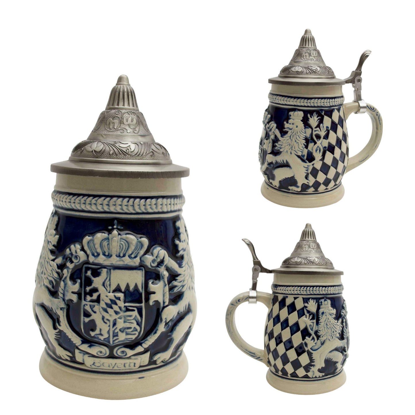 Essence of Europe Gifts 0.65 Liter German Beer Stein with Lid - Engraved Hand Painted Bayern Coat Of Arms Beer Steins Mug - Oktoberfest Ceramic Tankard Beer Mug