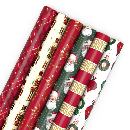 Hallmark Christmas Wrapping Paper Rolls with Cutlines on Reverse (6 Rolls: 150 Sq. Ft. Total) Santa Claus, Nutcrackers, Plaid, Snowflakes, Ornaments