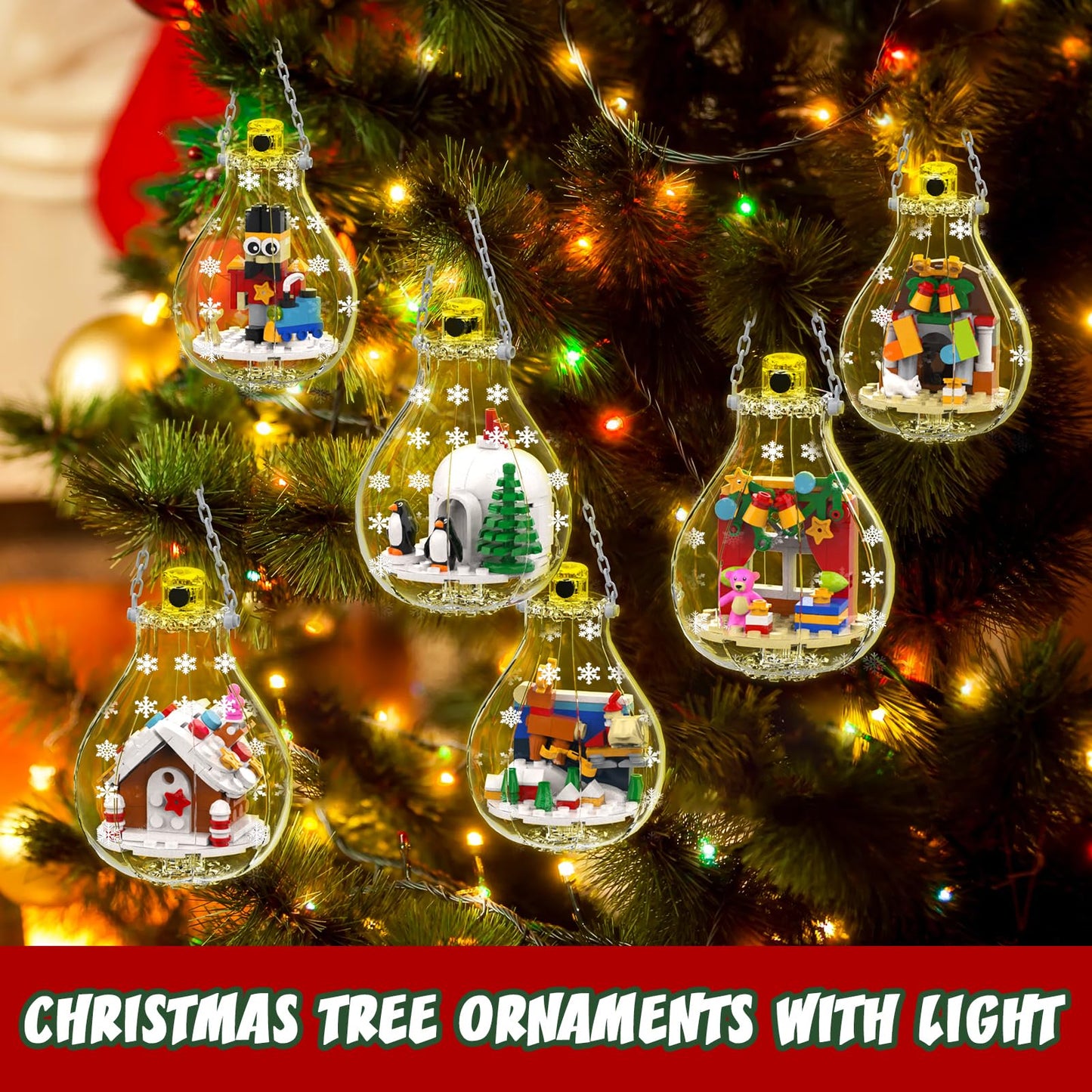 Christmas Tree Ornaments Building Set with Light, Santa Claus Gingerbread House Nutcracker Penguin Bear Building Kit in Bulbs, 6 Pack Xmas Decorations Stocking Stuffers Gift for Kids (405 PCS)