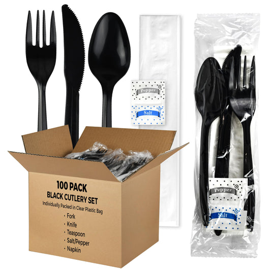 KitchenDine 100 Pack Medium Weight Wrapped Black Plastic Cutlery Pack with Napkin and Salt/Pepper Packets (Black)