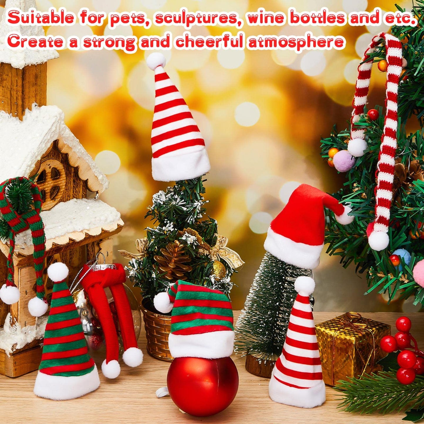Weewooday 12 Pcs Mini Christmas Pet Santa Hat Scarf Set Adult Xmas Small Animal Tiny Santa Hat with Adjustable Chin Strap for Chicken Cat Dog Hamster Guinea Gift(Small,Stripe Style)