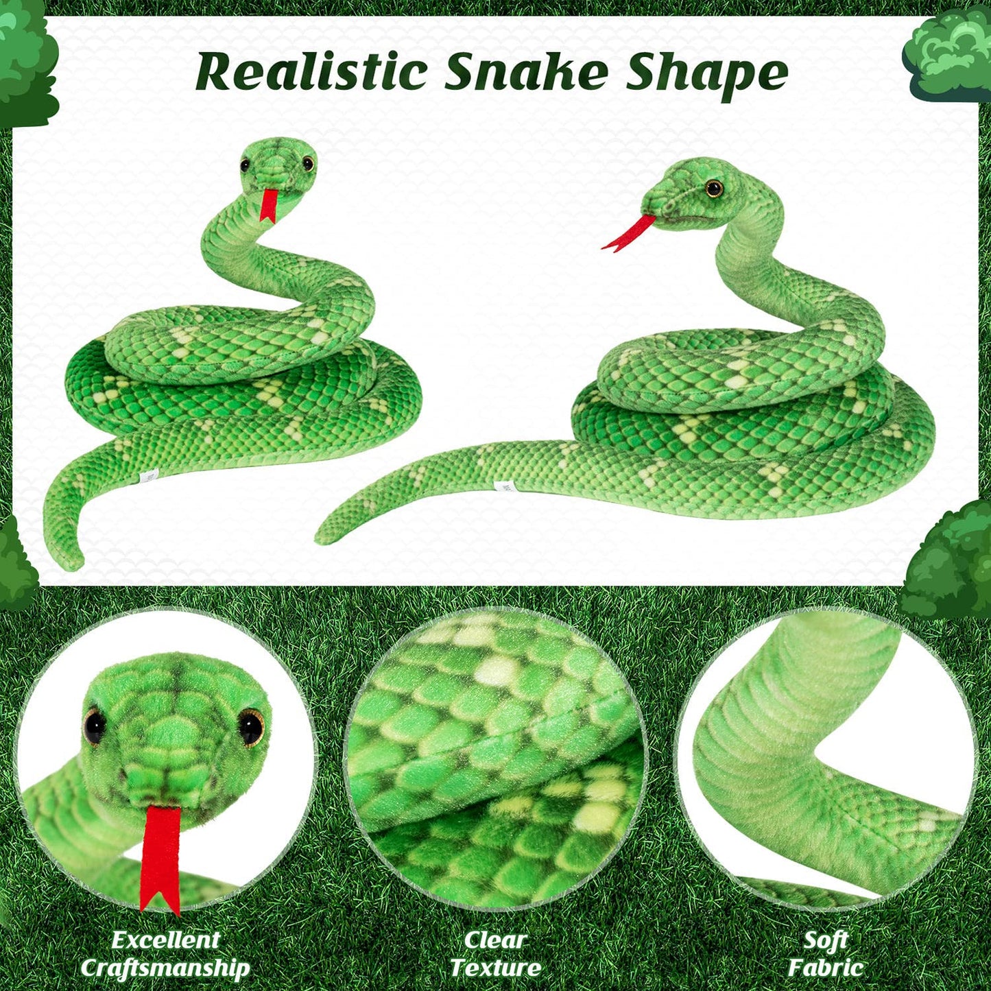 MGZTTHW Snake Plush, 71 in Stuffed Snake Animal, Large Toy Snakes for Kids, Giant Stuffed Animals Snake, Lifelike Plush Snake for Birthday Present Party Prank Prop (Green)