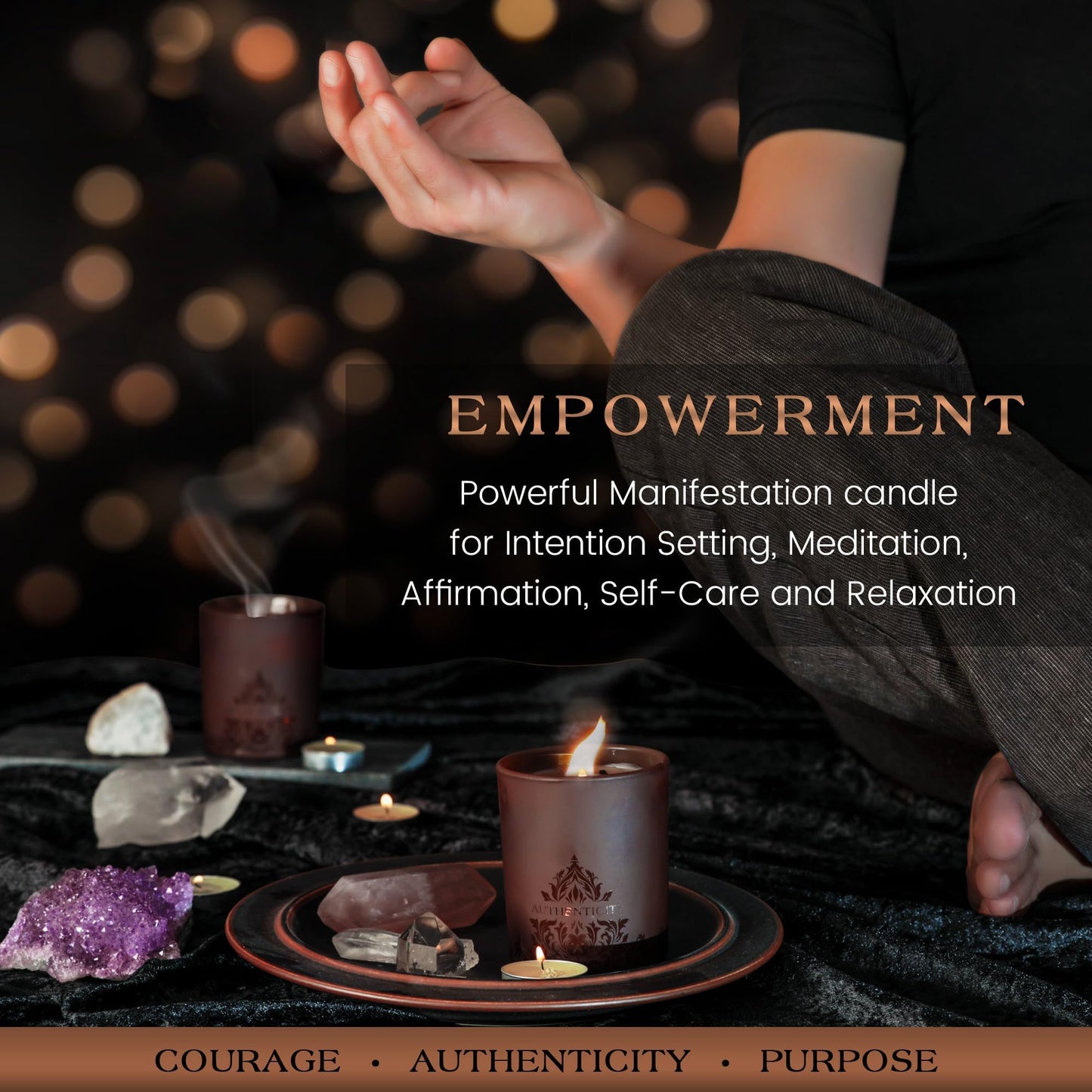 Deep Eden Empowerment Crystal Candle, 7.4 Oz, Brown - Forest Mahogany Scented Candle - Candles for Men with Wooden Wick, Black Tourmaline, Essential Oils & Premium Botanical Soy, Coconut and Beeswax