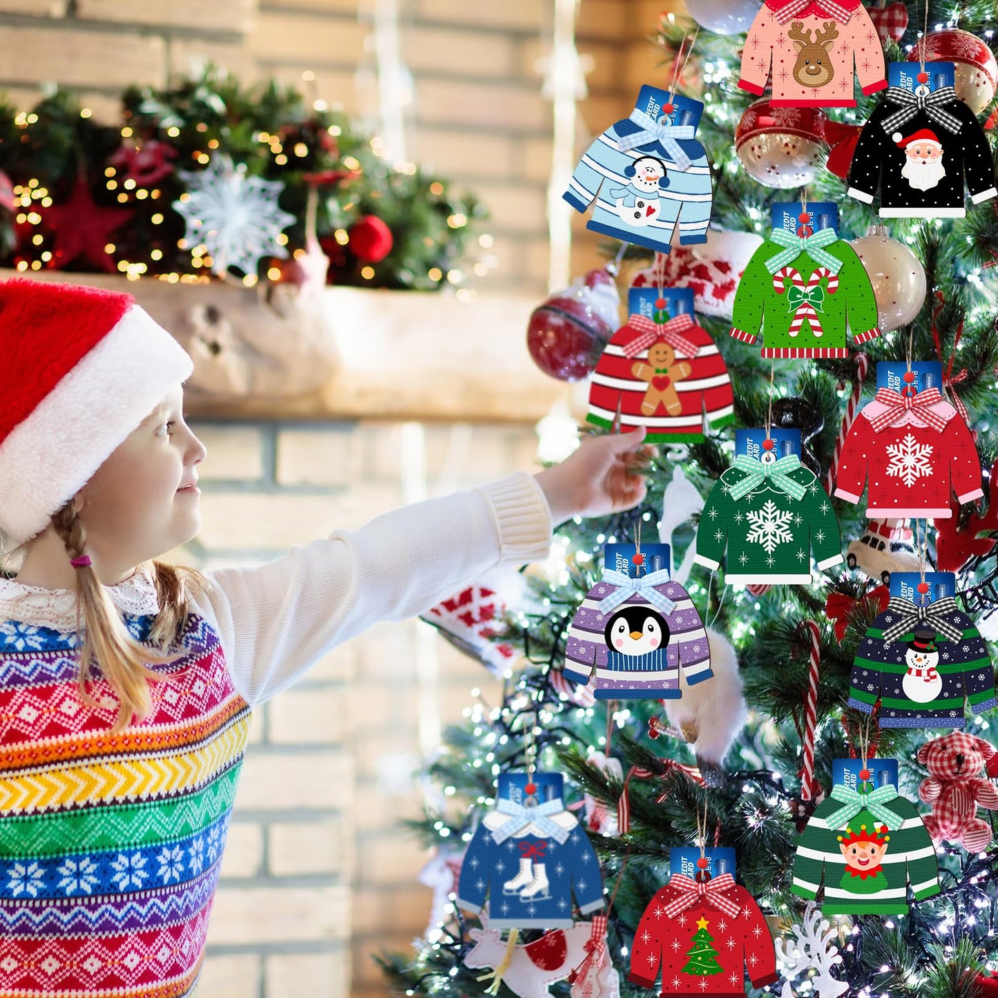 Dispowreath 12 Pcs Christmas Gift Card Holder Ugly Sweater Shaped Wooden Money Holders Money and Card Sleeves Christmas Cash Holders Merry Xmas Gift Tags Winter Holiday(Stripe)