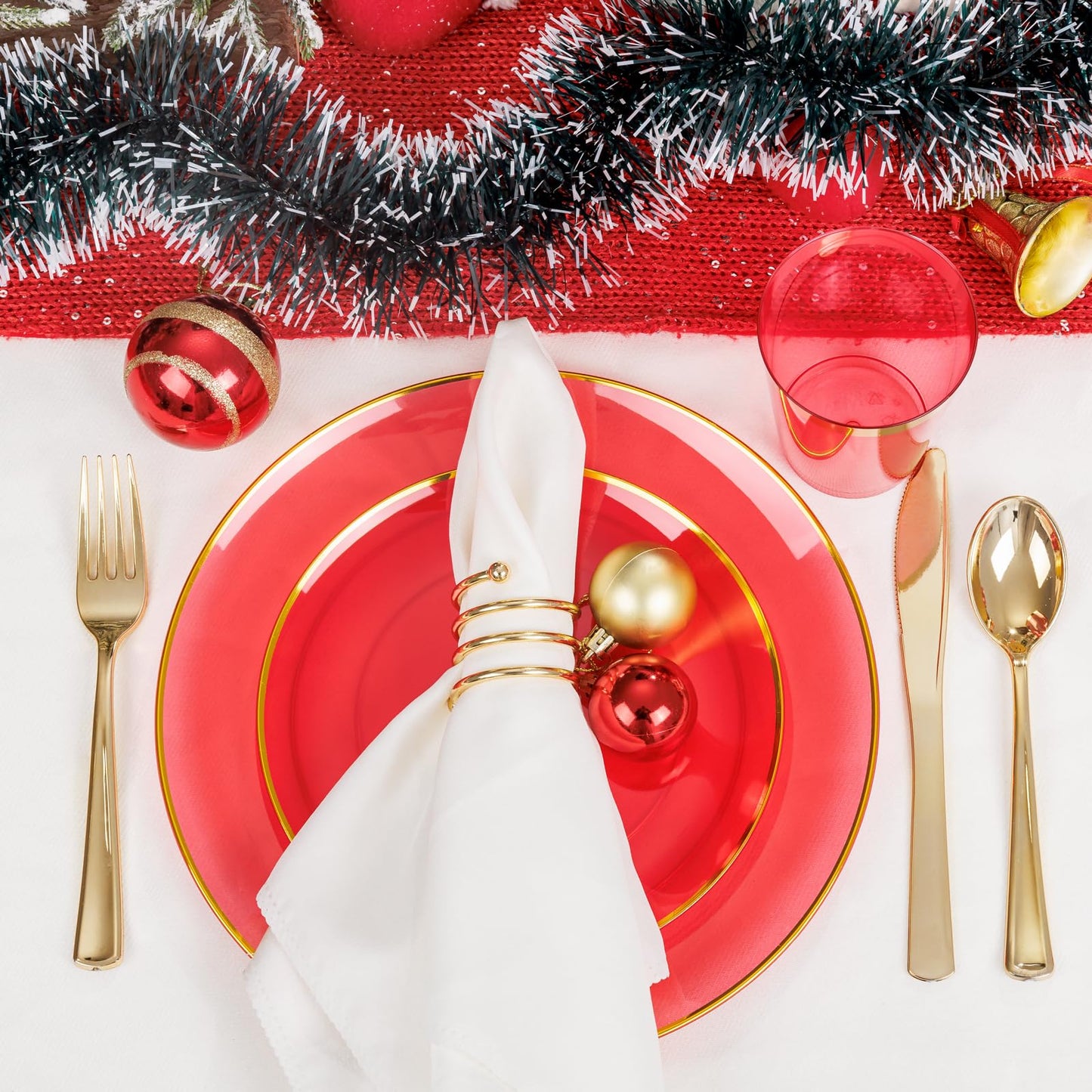 LIYH 180 Pcs Clear Red Plastic Plates Disposable - Red Dinnerware Set, Include Red and Gold Plates, Dinner Plate, Dessert Plate, Gold Plastic Silverware for Birthday Party