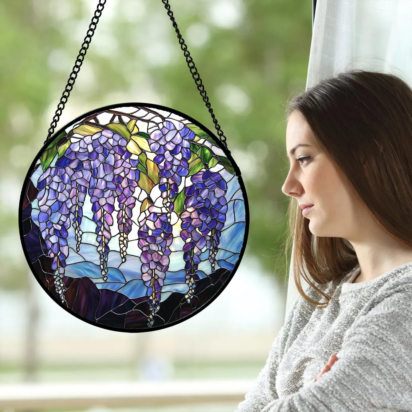 DASTOLL Stained Glass Window Hanging, Purple Wisteria Flowers Suncatcher for Doors Window Home Plant Sun Catchers Decoration Mother's Day Birthday Gifts for Women, Men, and Mom 6.3x6.3 in