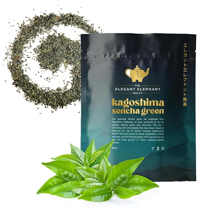 Japanese Sencha Green Tea, Organic Loose Leaf Sencha Tea – Antioxidant & Detox Support – Refreshing Hot or Iced Green Tea – 8 oz Resealable Bag (Makes 100 Cups) – The Elegant Elephant