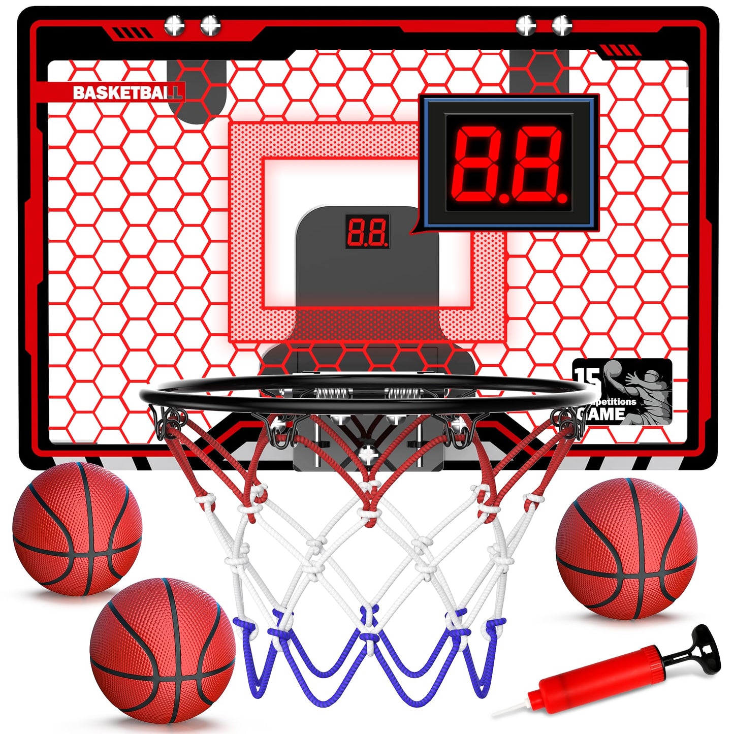 HopeRock Indoor Basketball Hoop, Over The Door Mini Basketball Hoops for Kids, with LED Light and Scoreboard, Birthday Gifts for 5 6 7 8 9 10 11 12 Years Old Boys Girls, Sports Toys