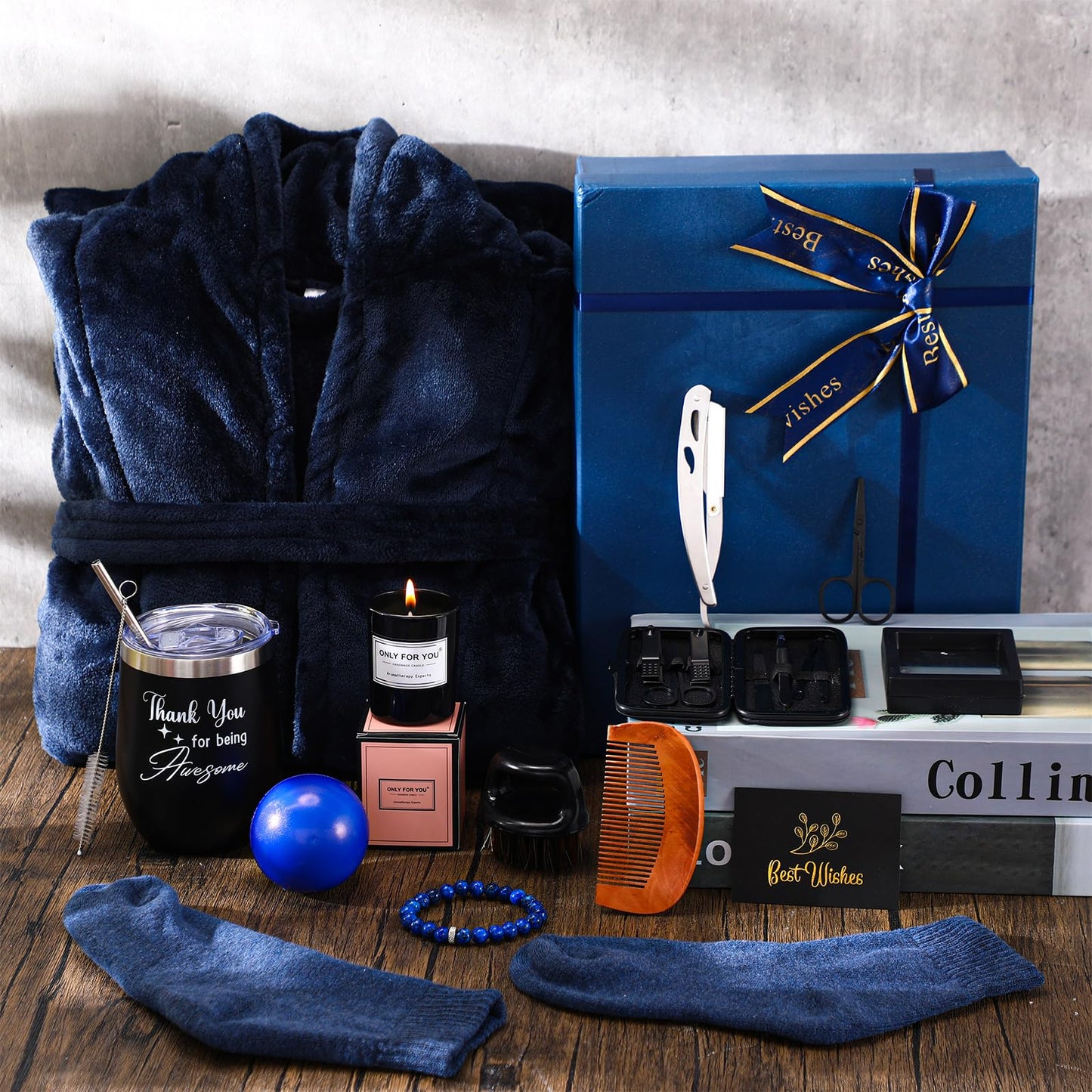 Nuogo 15 Pcs Birthday Gifts for Men Beard Care Set for Him Christmas Gifts Basket Ideas Kit for Men Tumbler Bath Robe for Dad Husband Boyfriend Box Christmas Gifts Baskets(Navy)