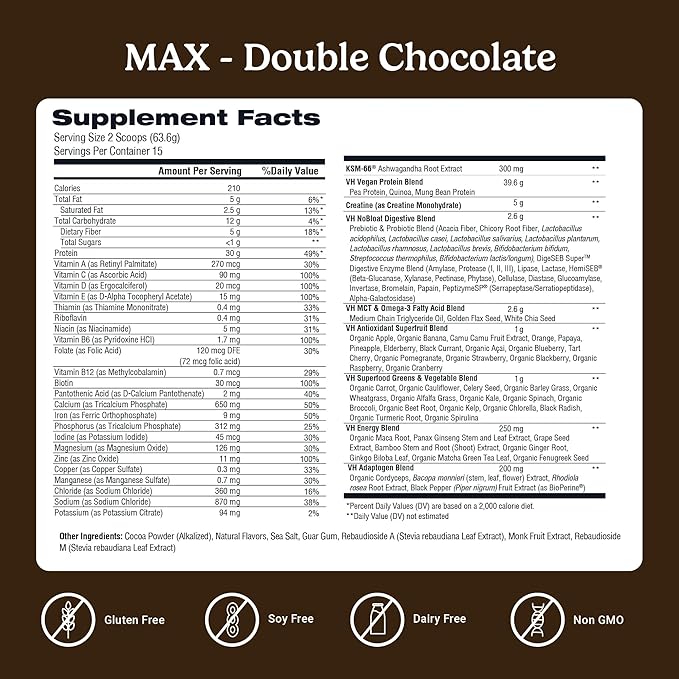 VitaHustle ONE Max Protein Powder, 30g Plant Protein + 5g Creatine, All-in-One Meal Replacement Shake with Greens, Adaptogens, Ashwagandha, Probiotics & Vitamins – Double Chocolate, 15 Servings