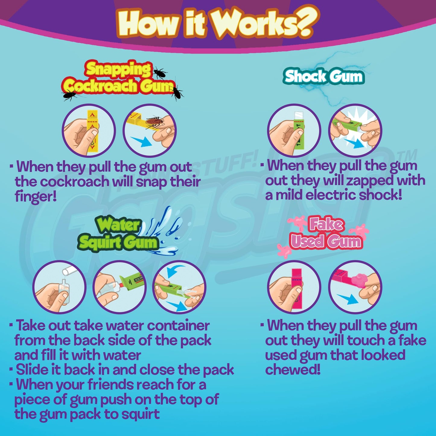Gagster 4-in-1 Prank Chewing Gum Set – Shocking, Water Squirt, Cockroach Snapping, Fake Chewed Gum, Gag Gifts for Kids Adults, Work Pranks, April Fools, Practical Joke Toys Kit