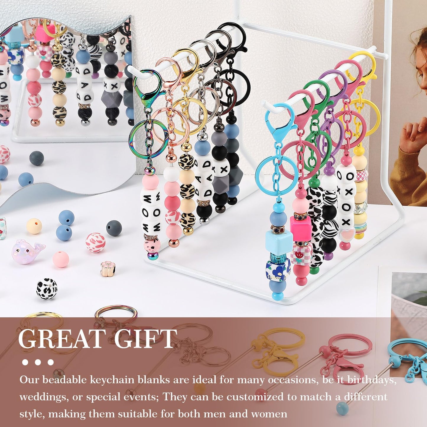 Tondiamo 24 Pcs Beadable Keychain Bars Bulk Beads for Keychain Making Kit Gifts for Women Men DIY Crafts(Multicolor)