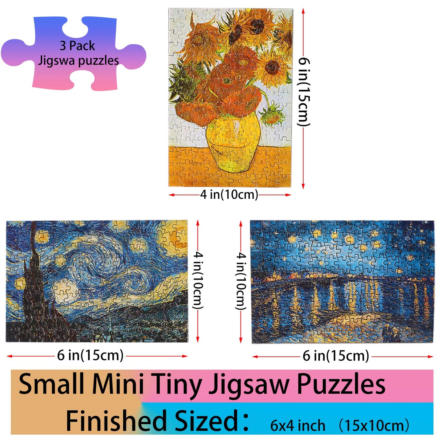 Small Jigsaw Puzzles for Adults Challenging Puzzle Small Puzzles Mini Jigsaw Puzzles for Adults 150 Pieces Starry Night Rhone River Sunflower 6 x 4 Inches,3 Pack,Mini Easel Included