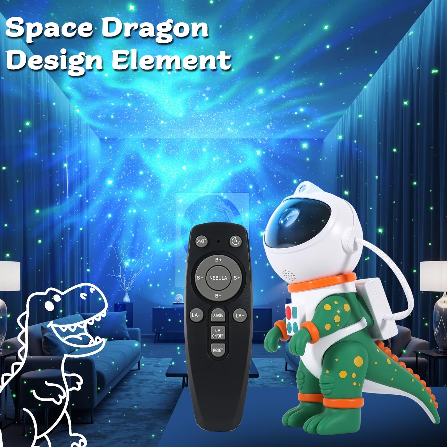 LOVME Galaxy Star Projection Night Light, Dinosaur Astronaut Space Projector with 8 Modes Starry Nebula Effects, Timer & Remote Control, Bedroom Ceiling Decor for Kids, Christmas Birthday Gift(Green)