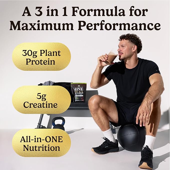 VitaHustle ONE Max Protein Powder, 30g Plant Protein + 5g Creatine, All-in-One Meal Replacement Shake with Greens, Adaptogens, Ashwagandha, Probiotics & Vitamins – Double Chocolate, 15 Servings